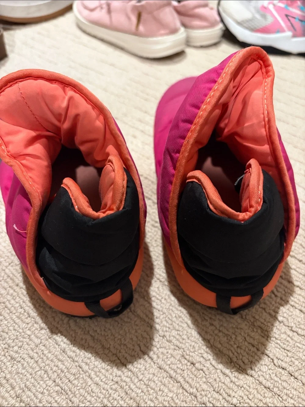 The North Face Kids Pink and Orange Puffy Slip-On Slippers